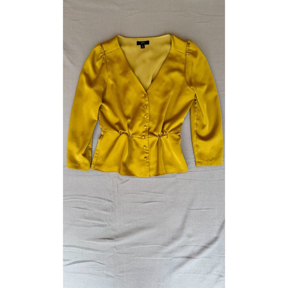 J.Crew Chartreuse Gold Satin Peplum Blouse 4P Puff Sleeve Covered Buttons Classy
